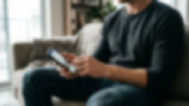 ソファに座ってスマートフォンを操作する黒い服の男性