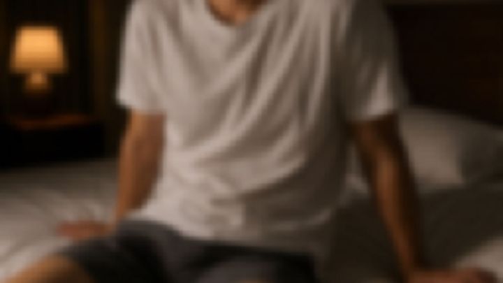 薄暗い寝室のベッドに座る白いTシャツと黒い短パン姿の男性