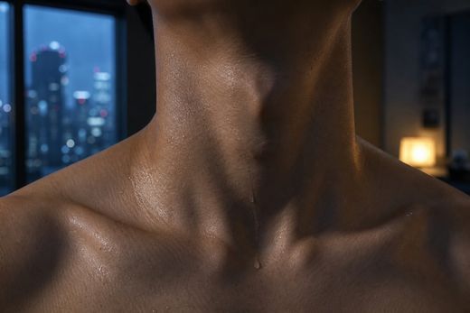 薄暗い部屋で汗ばんだ若い男の首から鎖骨、素肌