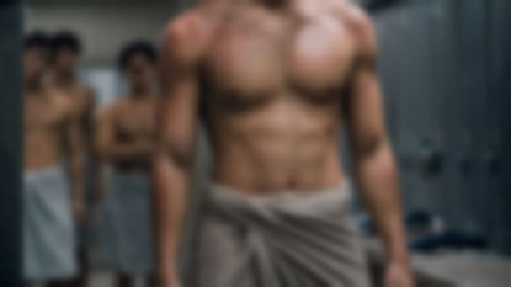 腰にタオルを巻いてシャワールームに立つ男性