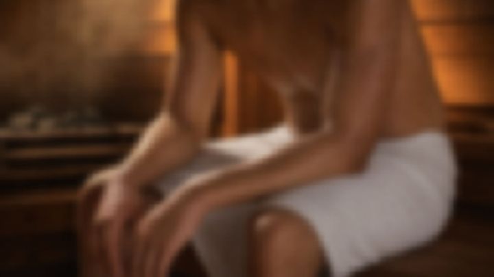 木造サウナで腰に白いタオルを巻いて座る上半身裸の男性
